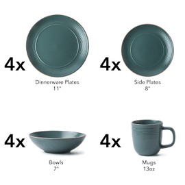 Arora RINGAR Round Stoneware 16pc Dinnerware Set of 4, Dinner Plates, Side Plates, Cereal Bowls, Mugs - Speckle Matte Green (434540)