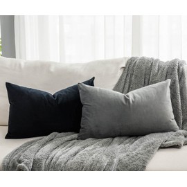 QUAFOO Grey Decorative Lumbar Velvet Throw Pillow Covers 16x24 inch Set of 2 with Zipper Luxury Soft Solid Rectangle Cushion Covers Case for Sofa Couch Bed Living Room
