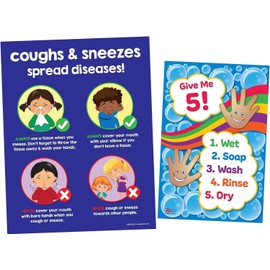 ZOCO 2 Poster Pack — Give Me 5 Handwashing (12 x 18) — Cover Your Cough Sign (17 x 22) — LAMINATED Health Posters for Daycare, Pre K and Elementary — School Nurse Office Decor & Supplies