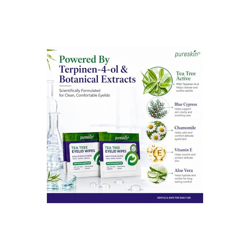 Pureskin Eyelid Wipes with Tea Tree Oil - No-Rinse Eye