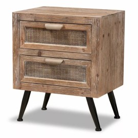 Baxton Studio Calida Whitewashed Brown Wood and Rattan 2-Drawer End Table