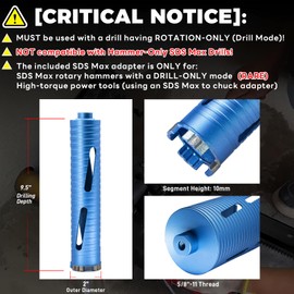 DaduoRi 2" Dry Core Drill Bit for Brick and Block with 3 Adapters Included: SDS Plus, SDS Max and 1/2" Hex Shank, 9.5" Drilling Depth Core Bits for Concrete, Brick, Masonry, 5/8"-11 Thread