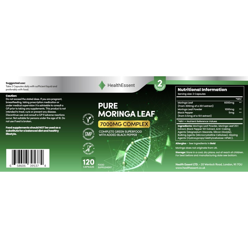 Moringa Capsules 7000mg Complex, High Strength Complete Green Superfood with