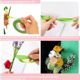 LGIFUTMAX 3 Rollen Floristenband,100 Stück Blumenstamm Draht Grün Steckdraht 30CM Floristik mit Floristenband für Bouquet Blumensträuße DIY Herstellung
