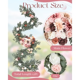Yuxung 12ft Wedding Arch Flowers, Artificial Dusty Rose Flower Garland, Extra Long Arch Floral Garland for Backdrop Table Decor Ceremony Spring Fall Wedding Party Centerpieces, Without Drapes
