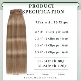 GUDOZO Clip-In Real Hair Extensions, 7 Pieces, 55 cm, 120 g, Light Brown with Golden Blonde, Invisible Clip Extensions, Real Hair Skin Weft Hair Extensions (22 Inches, 10/10/22#)