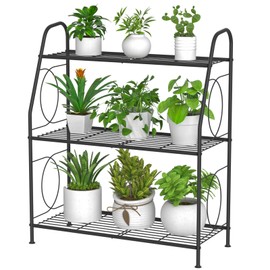 VyGrow Plant Stand, 3 Tier Plant Shelf for Indoor Outdoor, Heavy Duty Metal Outdoor Plant Stand Holder Rack for Living Room Balcony and Garden, Iron Wire, Black