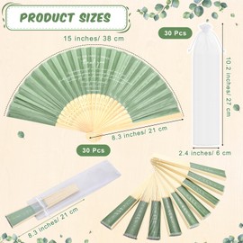 Menkxi 30 Pcs Silk Fabric Folding Fans Bulk for Wedding Guests Thank You Bamboo Folded Hand Fan for Bridal Shower Decorations Favors Vintage Handheld Fans Souvenirs with Organza Bags(Sage)