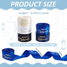 PH PandaHall 5 Rolls Happy Eid Mubarak Ribbons,25mm Wide Ramadan Decoration Blue White Black Grosgrain Ribbon Gift Wrap Ribbons Glitter Ribbon for Party Supplies Wreath Crafts Bows Making, 22.8m