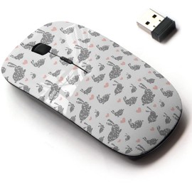 2.4G Wireless Mouse with Cute Pattern Design for All Laptops and Desktops with Nano Receiver - Hearts Bunnies Handdrawn