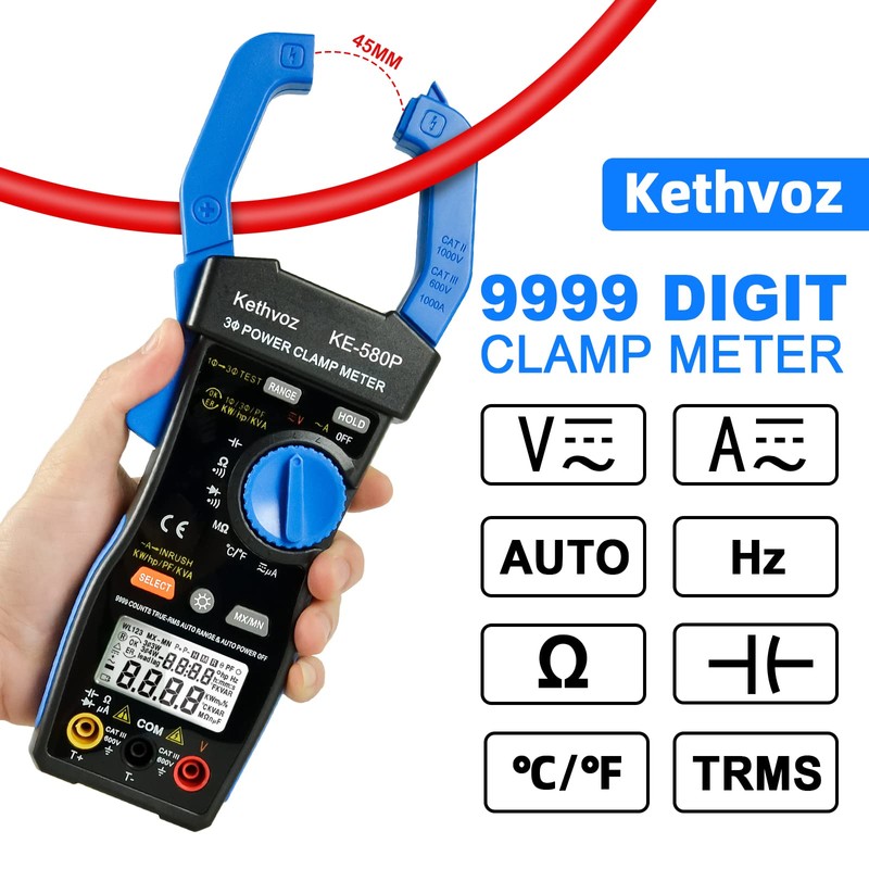Polimetro Digital Pinza Amperimétrica Trifásica, Kethvoz 1000A Multímetros 9999 Conteo