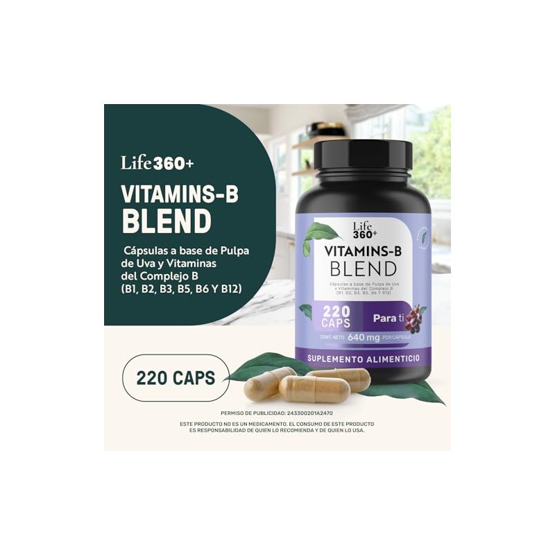 LIFE 360 Suplemento Vitamins-B Grape, Envase que contiene 220 Cápsulas