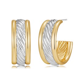 SHANTYSON Chunky C Hoop Earrings Thick Two Tone Hoops Twisted Cable Earrings Gold and Silver Trendy Jewelry