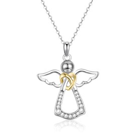 WOVEE Guardian Angel Necklace Sterling Silver 925 Angel Christening Gifts for Girls Children Communion Confirmation Christening Gifts for Back to School, Silver, Cubic Zirconia