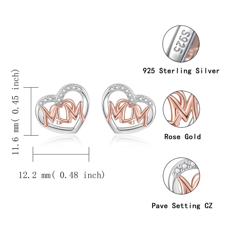 MOM Stud Earrings 925 Sterling Silver for Women - Heart