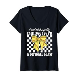 Womens Don't Let The Pretty Face Fool You I'm A Softball Beast Girl V-Neck T-Shirt