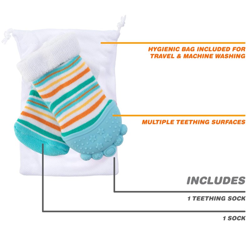 Nuby Soothing Teether Sock, Baby Blue Stripes, 5"