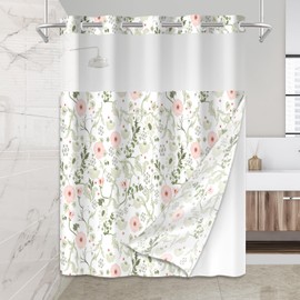Mightree No Hook Shower Curtain Set with Snap in Fabric Liner for Bathroom,with See Through Top Window,Double Shower Curtain with Detachable Liner Replacement,Machine Washable,Green Floral,71"x 74"