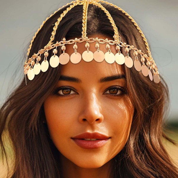 JAKAWIN Sequin Head Chain Jewelry Gold Egyptian Headpiece for Women