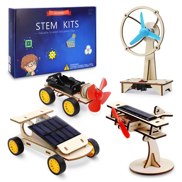 STEM 4 Set Solar Motor Kit,Wooden Model Electric Car Science