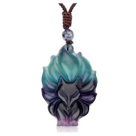 MANIFO Natural Crystal Gemstone Fox Pendant Necklace with Adjustable Woven Rope Chain (Fluorite)