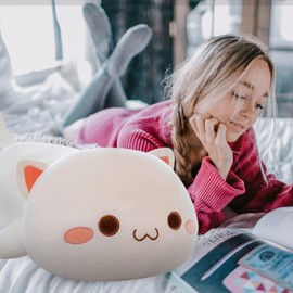 FUYU FUYU Cat Stuffed Animals, Soft Cat Plush Pillow Kawaii Kitten Stuffed Animal Toy Gifts for Kids Boys Girls Room Decor (White Round Eyes,15in/37cm)