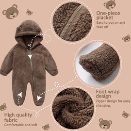 Unisex Infant Baby Snowsuit Cute Cartoon Bear Jumpsuit Fleece Romper Suits Thin Coat Outfit Suit for Newborn Baby Boy Girl 0-12Months (6-9M, Brown)