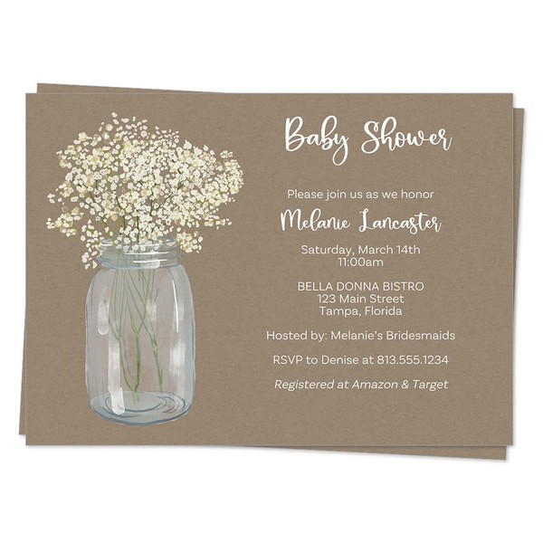 Baby Shower Invitations Kraft Mason Jar Rustic Invites Baby's Breath Vintage Flowers Unisex Gender Neutral Printed Customized Personalized Cards (12 count)