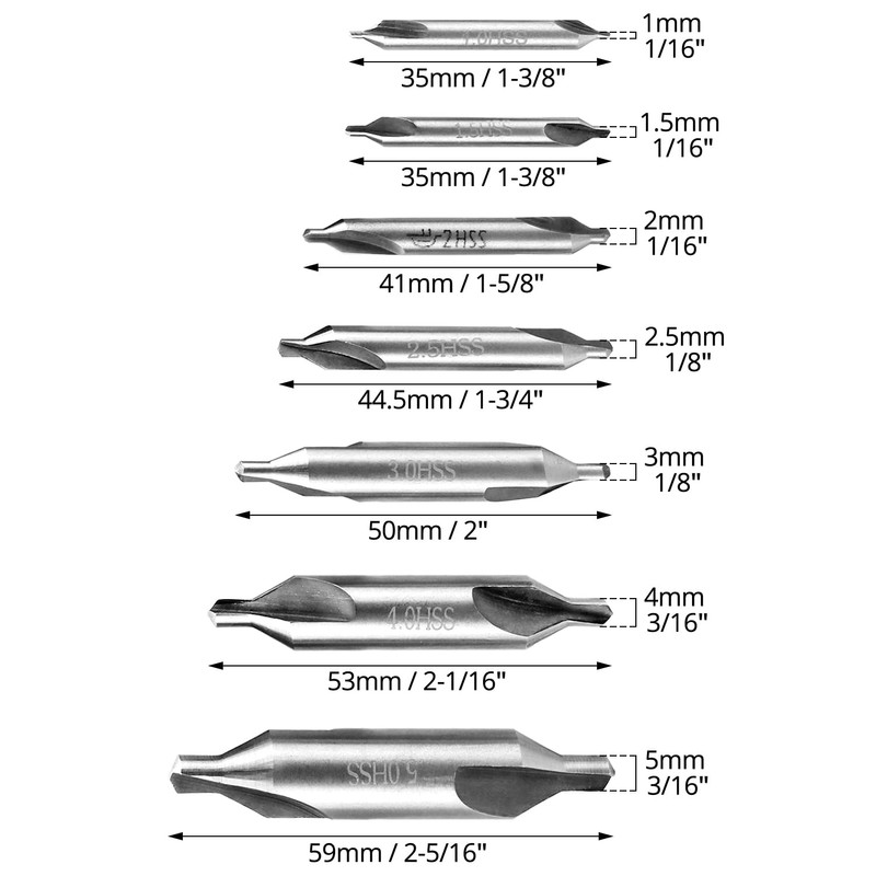 QWORK® 7-Piece Centre Drill Bit 1/1.5/2/2.5/3/4/5 mm, 60 Degree Lathe