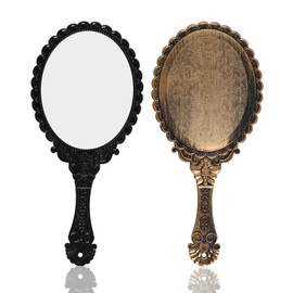 Lystaii 2pcs Handheld Mirror, Vintage Hand Travel Purse Mirrors with Handle Portable Embossed Flower Hand Held Decorative Mirrors Compact Packet Mini Mirror for Girls Face Makeup (Black, Bronze)