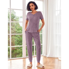 Ekouaer Pajama Sets for Womens Rib Knit Lounge Set Jogger Pants Short Sleeve Sleepwear 2 Piece Outfits Set with Pockets Purple