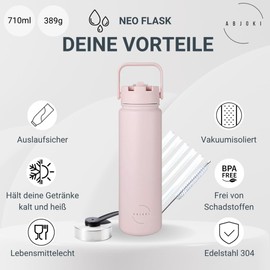 Abjoki Stainless Steel Drinking Bottle "Neo" 710 ml - Baby Pink - Double-Walled & Vacuum Insulated - Thermal Flask - BPA-Free Leak-Proof - Plus Two-in-One Lid with Straw and Drinking Opening
