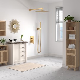 BESy 12 Inch Rain Shower Head, 12" Square Rainfall & High Pressure Stainless Steel Bath Showerhead, 1/16" Ultra Thin, Waterfall Full Body Coverage with Silicone Nozzle, Brushed Gold