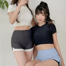 반팔 반바지 크롭타 래쉬가드 세트 2cm 패드내장 가리개 남녀공용 [2406 수영복_블랙_M] Short Sleeve Short Pants Crop Top Rash Guard Set with 2cm Pads Unisex [2406 Swimwear_Black_M]