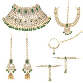 I Jewels Girls 18K Gold Plated Indian Wedding Bollywood Faux Kundan & Ruby Stone Studded Dulhan Bridal Jewelry Set (Ij020G) Green