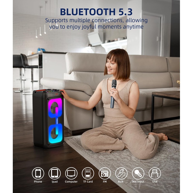 Karaoke Machine for Adults, Portable Bluetooth Speaker with 2 Wireless