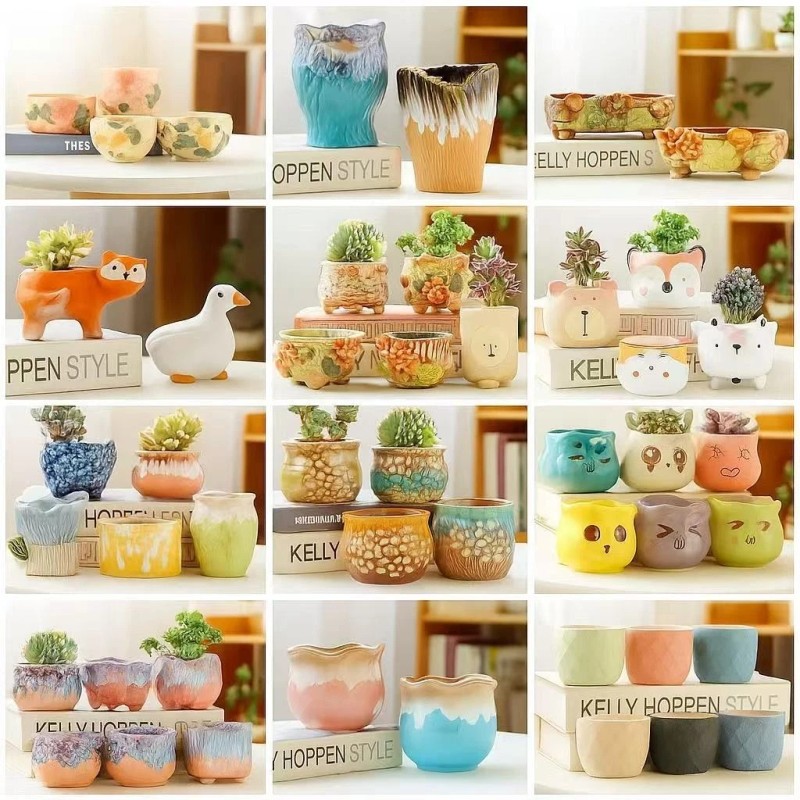 KongerGarden Clearance-Set Of 3 Unique Ceramic Succulent Planters Non-Repeated Random