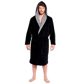 Mens Soft Plush Fleece Dressing Gown Luxury Super Coral Polar Lightweight Warm Thick Cosy Bath Robe Night Lounge Wear Long Sleeve Cozy Bathrobe Belt Fastening Housecoat Nightwear (SUN 31-670 Black L)