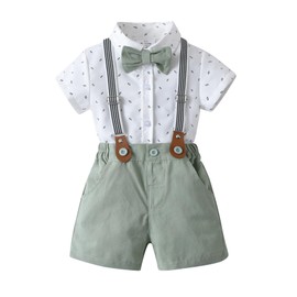 Conjuntos de pantalones cortos para caballero para bebés y niños, trajes de bebé, camisa, pantalones cortos, pajarita y tirantes, Blanco y verde claro., 3-6 Meses