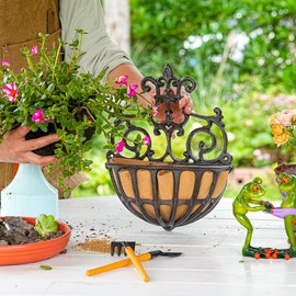 Sungmor 2PC Small Cast Iron Baskets, Heavy-Duty Wall Hanging Hollow Planter w/Fabric Liner, Antique Victoria Half Round Wall Pot Plants Holder, Outdoor Railing Fence Balcony Hanging Basket Flower Pot