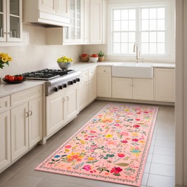 CRYPTOLITE Runner Rug for Hallways Kitchen, Washable 2x6 Runner Rugs Boho Floral Design, Ultra Soft 0.27″ Non-Slip Vintage Carpet Runner for Hallways, Kitchen, Bedroom, Bathroom (Pink)