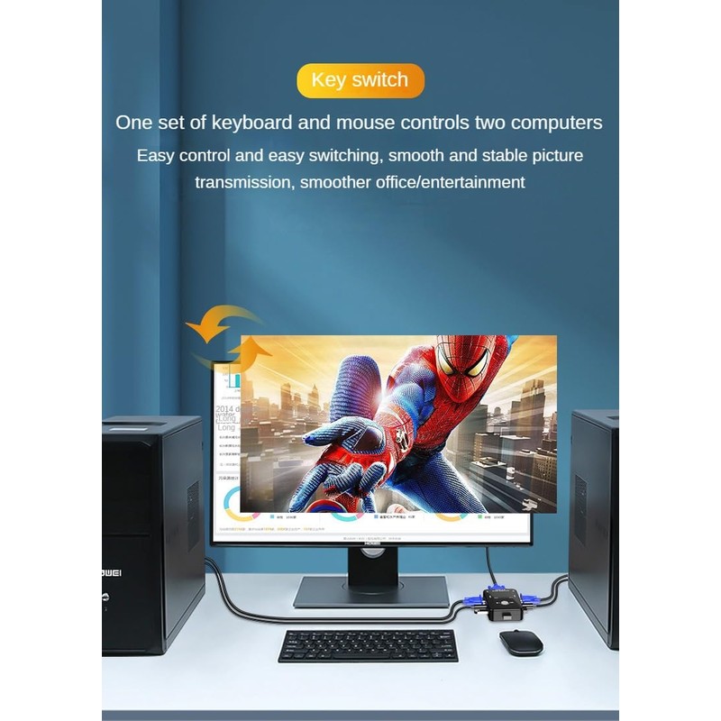 USB 2.0 KVM Switch, 2-Port VGA Display Sharing Device, 1080P