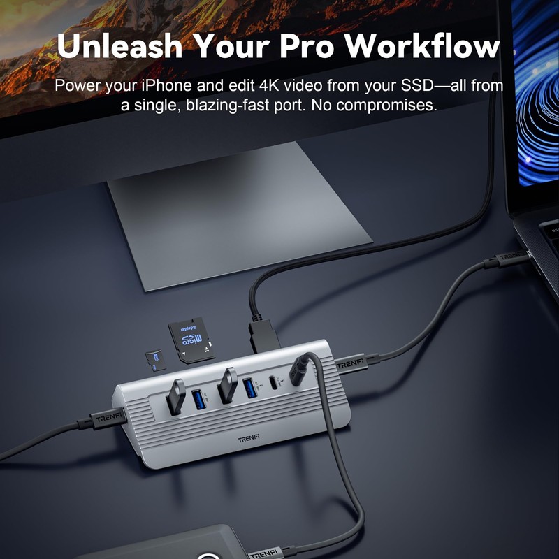 TRENFI Aluminum USB C Hub with Detachable Cable | USB