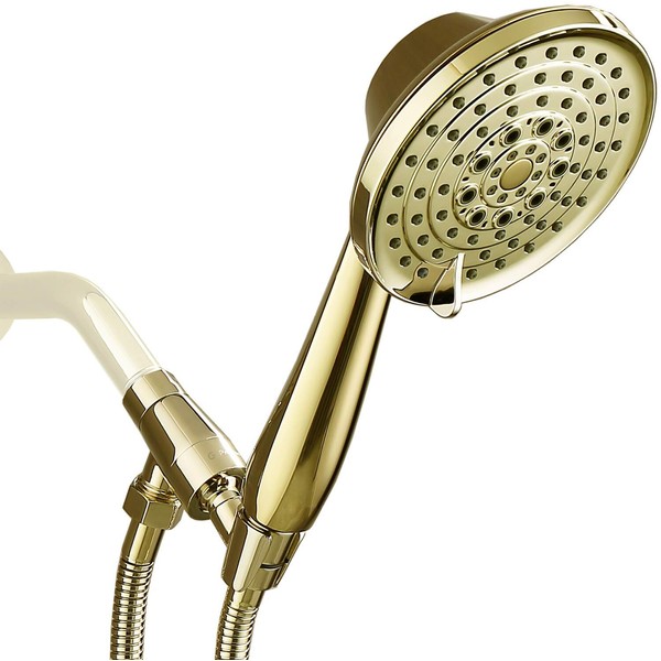 G-Promise Luxury High Pressure 5“ Face 6 Setting Detachable Handheld Shower Head with Extra Long Flexible Metal Hose(70” Stretches to 75”), Adjustable Metal Holder, Polished Brass Finish (2.5GPM)