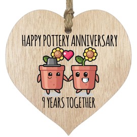 9th Wedding Anniversary Plaque Gift for Husband Wife - 9 Years Together - Happy Willow Anniversary Wooden Heart for Women Men Partner, Light Wood Sign Keepsake Gifts