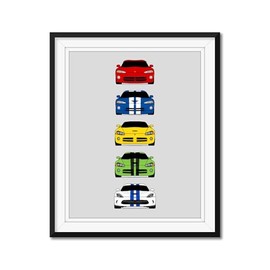 Custom Car Posters History of Dodge Viper Generations and Handmade Print of Viper R/T GTS SRT10 - Multi-Color, 16x20" Metallic Print (Unframed)