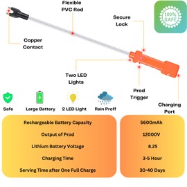 Cattle Prod, Rechargeable Electric Livestock Prod with 2 LED Lights, Waterproof Animal Prod for Livestock Management and Farm Ranch Herding, Cattle Prod with Flexible Shaft for Cows, Hogs, Dogs, Goats