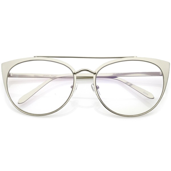 zeroUV - Women's Oversize Metal Crossbar Round Clear Flat Lens Cat Eye Glasses 61mm (Silver/Clear)