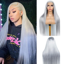 Belaved Human Hair Wigs Grey 180% Density Long Straight 13x6 Lace Front Wig Human Hair for Women Free Part HD Transparent Silver Grey Lace Frontal Wigs Invisible Knots Pre Plucked 28 Inch