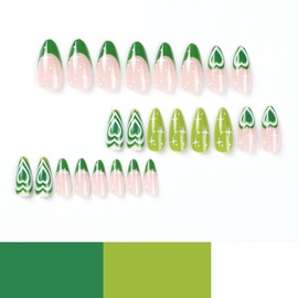 Green French Tips Press on Nails Almond Medium Fake Nails with Green Heart Stars Design Acrylic False Nails Glossy Full Cover Artificial Glue on Nails St. Patrick's Day Nails for Women Girls 24Pcs